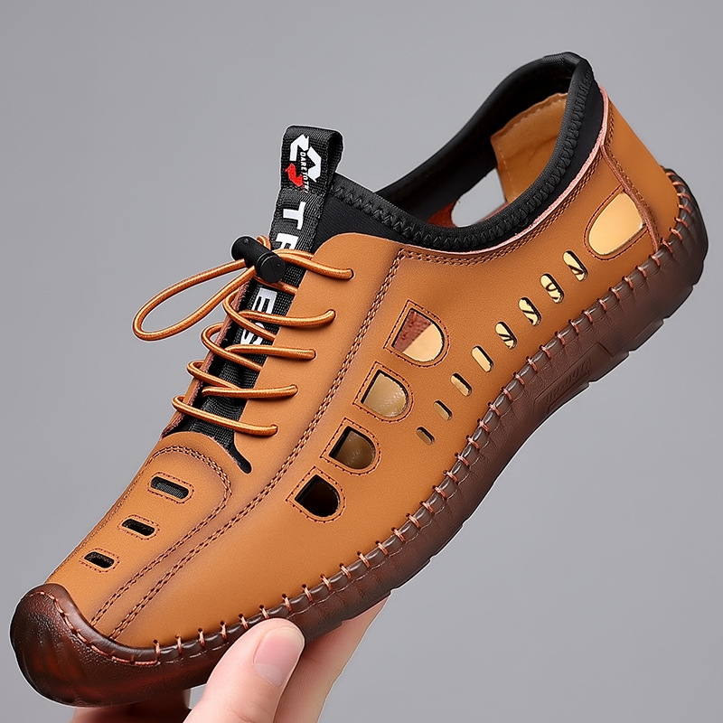 Men's casual hollow leather shoes breath...