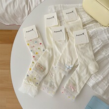 夏季薄款波點蝴蝶結襪子女純棉無骨襪頭蕾絲花邊ins風網紅中筒襪