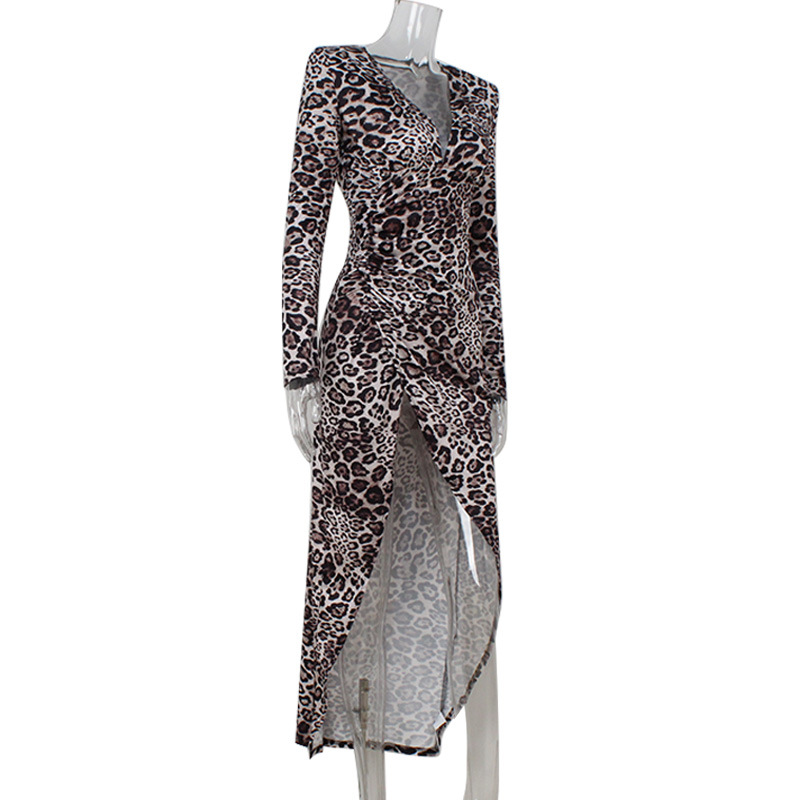 Sexy Leopard Print Printed V neck Sexy Pleated Nipped Waist Slim Tall Looking Split Dress