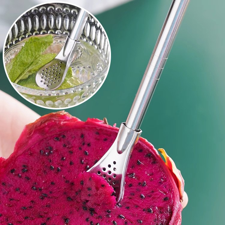 Cuchara de paja, té con leche de acero inoxidable, mezcla y filtración de café, protección del medio ambiente de doble uso, cuchara de metal grueso no desechable