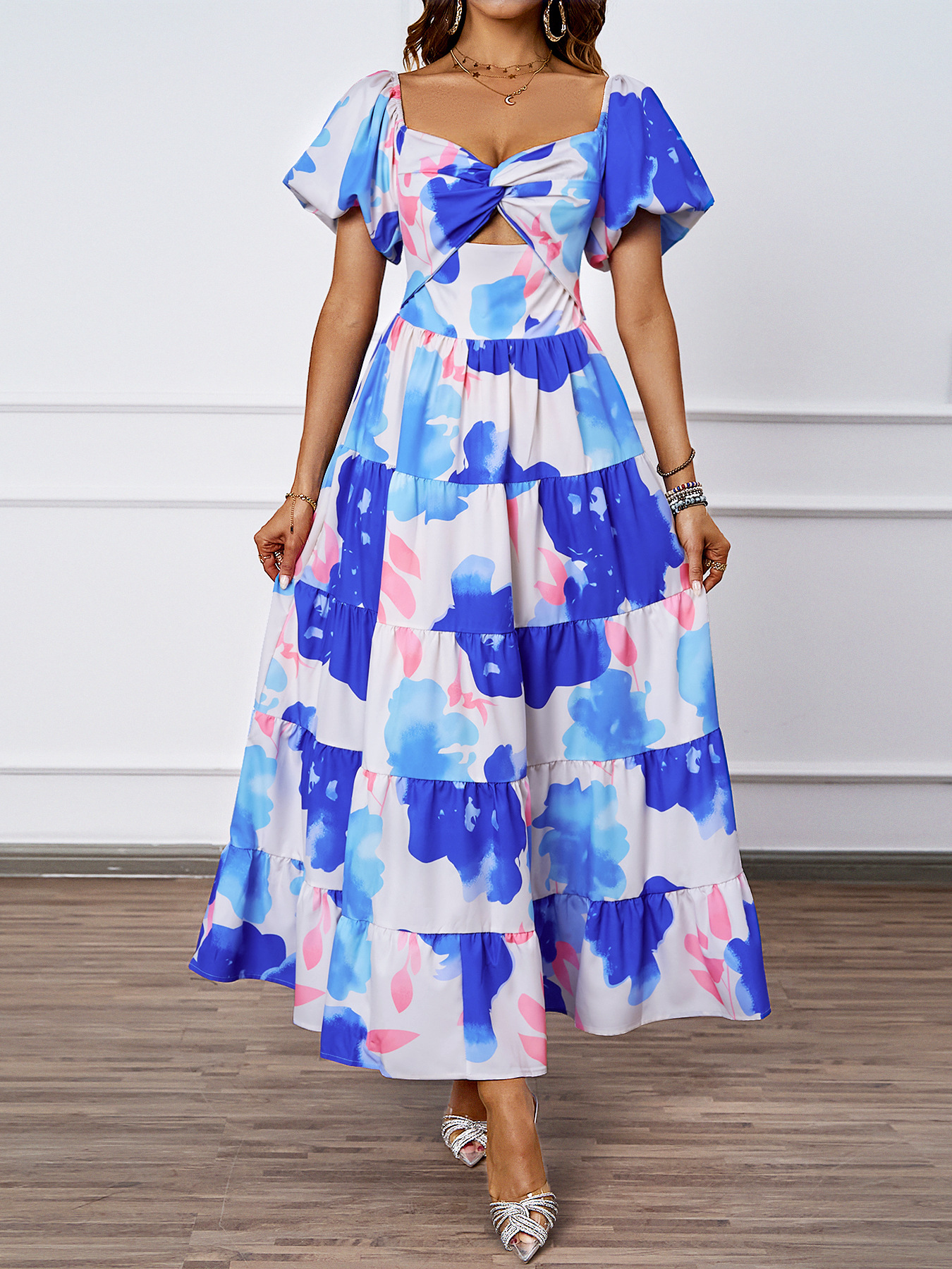 455g Weight Maxi Long Dress Dress Length Type Short Sleeve Sleeve Length Swing Dress Dresses Type Puff Sleeve Sleeve Type Polyester Fabric Type High Waist Waist Line Holiday, Daily Occasion Off Shoulder Neckline Regular Fit Fit Type Color Block, Painted Flower Pattern Summer Season Women's Gender Printing Design Elegant, Streetwear Style Wholesale Women's Elegant Streetwear Printing Color Block Painted Flower Holiday Daily Off Shoulder Short Sleeve Swing Dress 40
