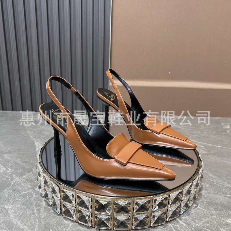 The Same Style 2025 New Model Women's Retro High Heels with Small Square Buckle, Brown Pointed Toe, Shallow Mouth Single Shoes