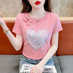 大码复古盘扣短袖t恤女新款爆款夏季时尚减龄爱心印花新中式上衣