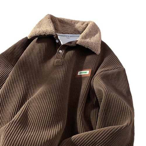 Corduroy Polo-Neck Sweater—Men's Autumn/Winter Fleece-Lined, Thickened Lambswool Jacket—Couple's Winter Hong Kong-Style Youth Style