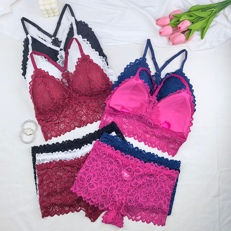 2025 nueva agencia transfronteriza de flores de mujer encaje ajustable correa de hombro bra de empuje y conjunto de pantalones