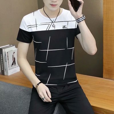 2021年新款夏亂條紋短袖男拼接款休閑潮流圓領青少年修身型上衣服