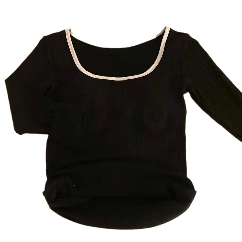 Otoño e invierno cepillado cálido top de manga larga de una sola pieza de contraste de color SLIM-Fit diseño adelgazante bottoming Top con almohadilla para el pecho