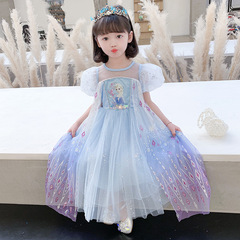 Elsa Princess Dress 2024 Children's Summer New Elsa Medium Long Colorful Flowing Sand Girls' Summer Net Dress
