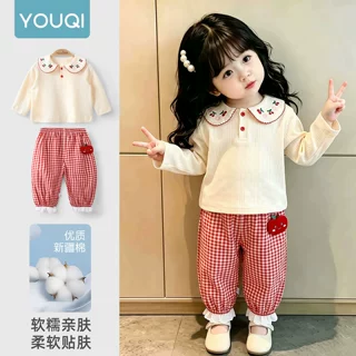 优奇女宝宝套装甜美可爱风女童衣服娃娃领百搭外出两件套夏季洋气
