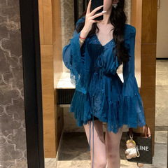 Xiaomo Xia 長袖ピーコックブルーレースドールシフォンシャツ V ネックライト大人スタイルトップスカート 2025 夏新