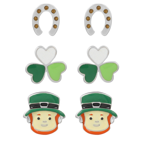 Cross-border new style St. Patrick's Day Irish shamrock Hat Alloy Droplet Oil Three Piece Earring Set Decoration 