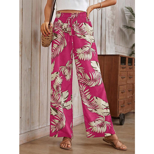 Women's Summer Casual Loosely Tied Rope High-Waist Digital Print Pants