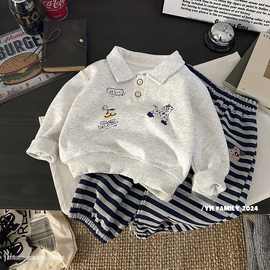 儿童秋装套装2024新款洋气男女童翻领卡通卫衣时髦条纹裤子两件套