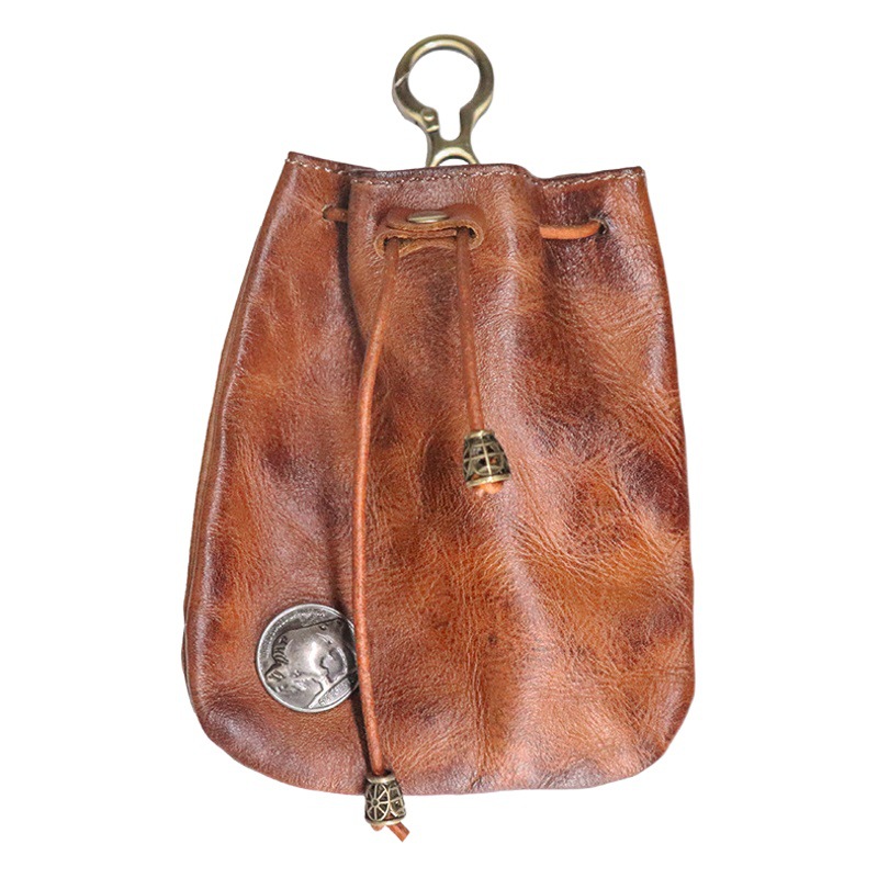 Japanese Style Simple First-Layer Cowhide Vegetable Tanned Leather Retro Women's Sachet Mini Key Bag Card Holder Coin Purse Cosmetics Bag
