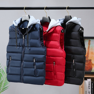 Vest Men's Teenager Down Cotton Fashionable Loose Hooded Vest Coat Thickened Warm Solid Color Cotton Waistcoat Vest