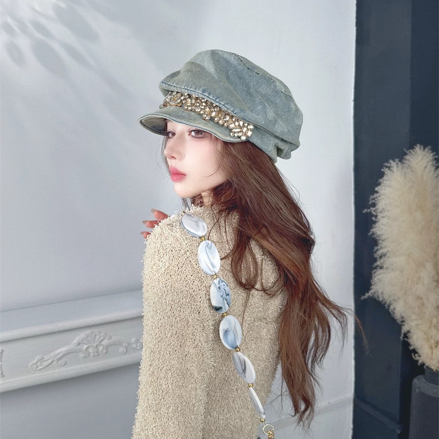 Chapéu octogonal feminino com aba alta e strass, ideal para outono e inverno, adequado para cabeças grandes, quente e com estilo vintage._voghion.com