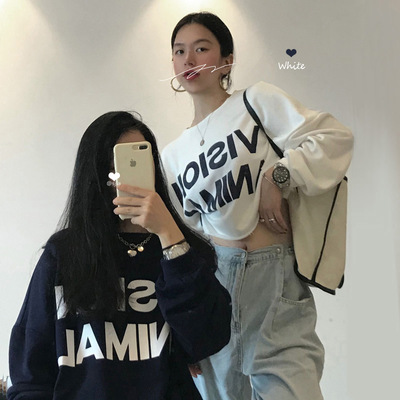 韓國東大門2021春季寬松短款長款圓領情侶衛衣