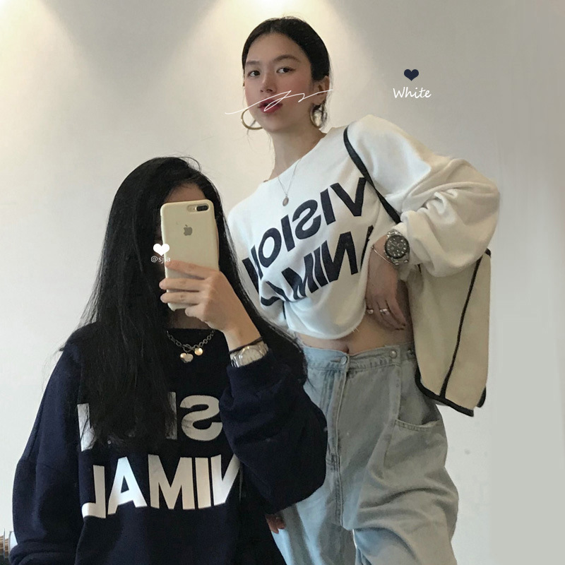 韓國東大門2021春季寬松短款長款圓領情侶衛衣