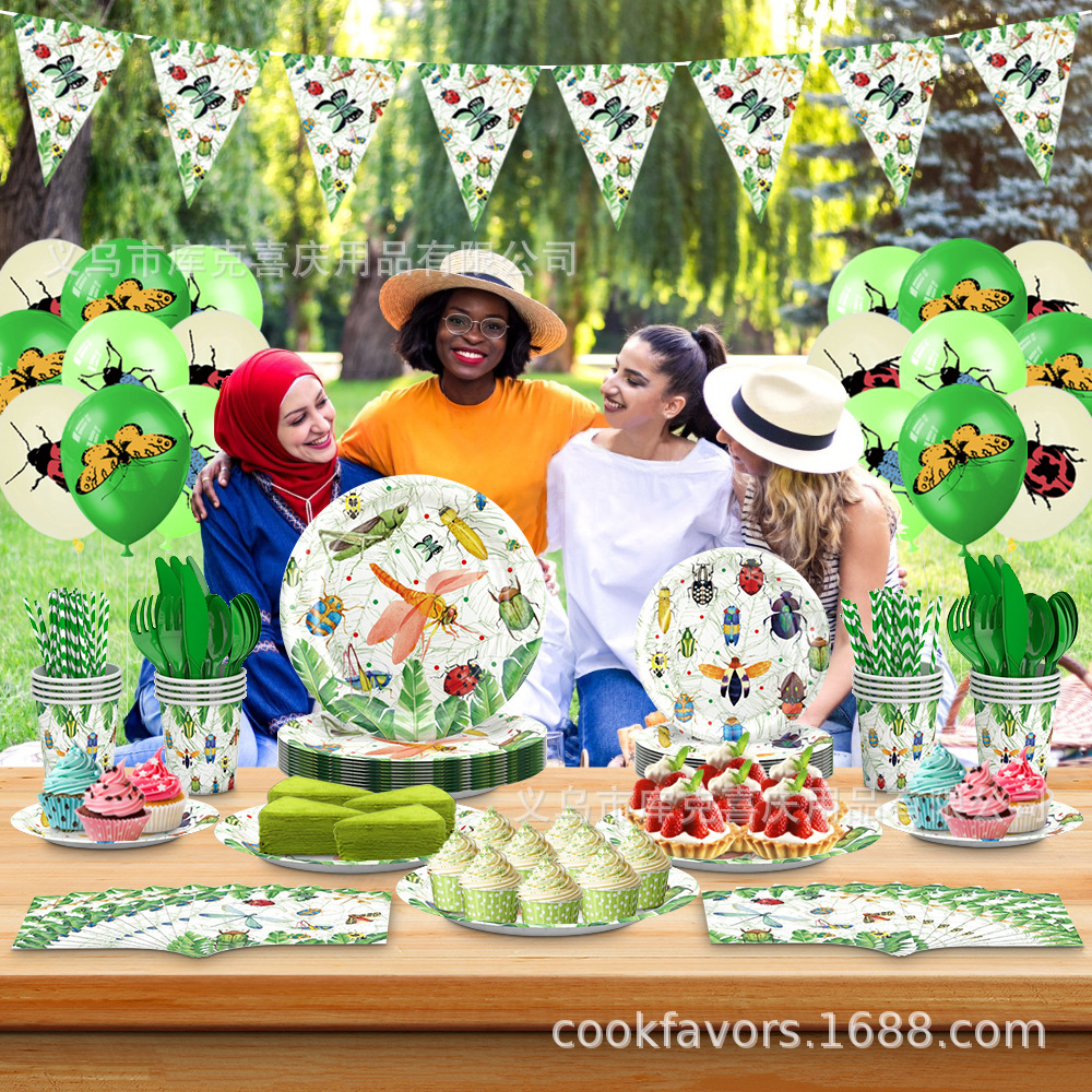 Insectos de primavera transfronterizos artículos de decoración de fiesta de siete estrellas mariposas bandeja de papel bandeja de papel toallas set cubiertos