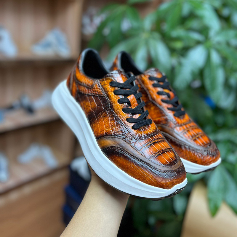 2025 New Alligator Skin Color-polished sneaker Men's Casual All-match Real Alligator Belly Men's Shoes Fashionable Wear-resistant Shoes