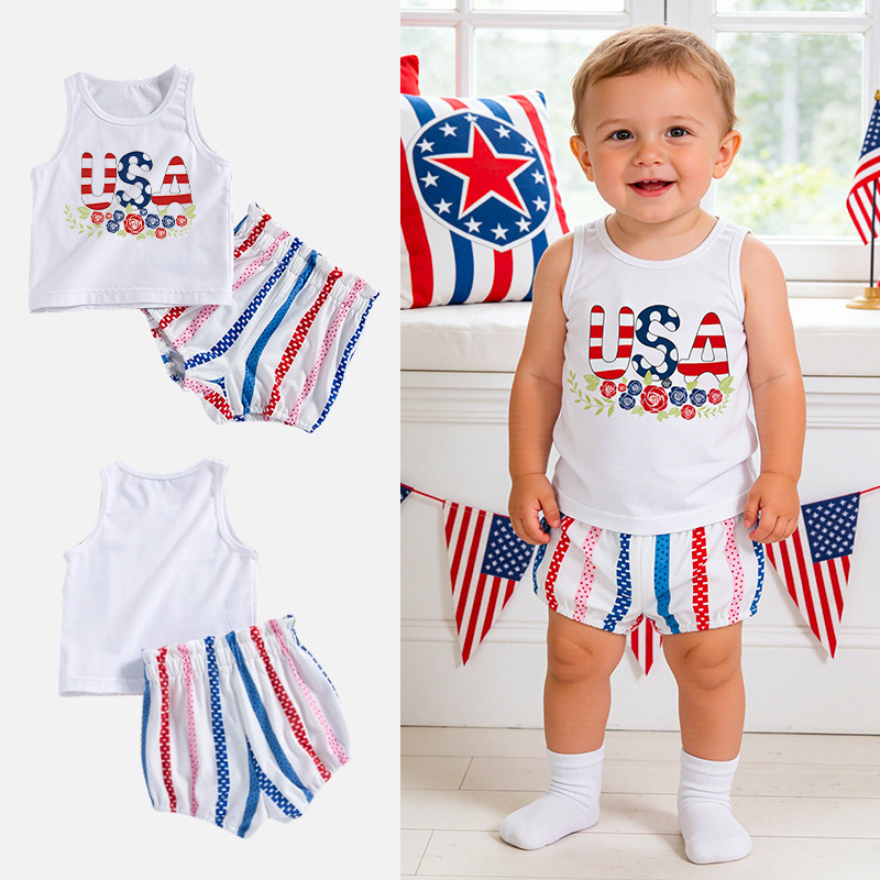 American Independence Day Baby and Children's Clothing Holiday Party Clothing Wholesale Boys Summer Vest T-Shirt Stripesd Shorts Suit Trendy