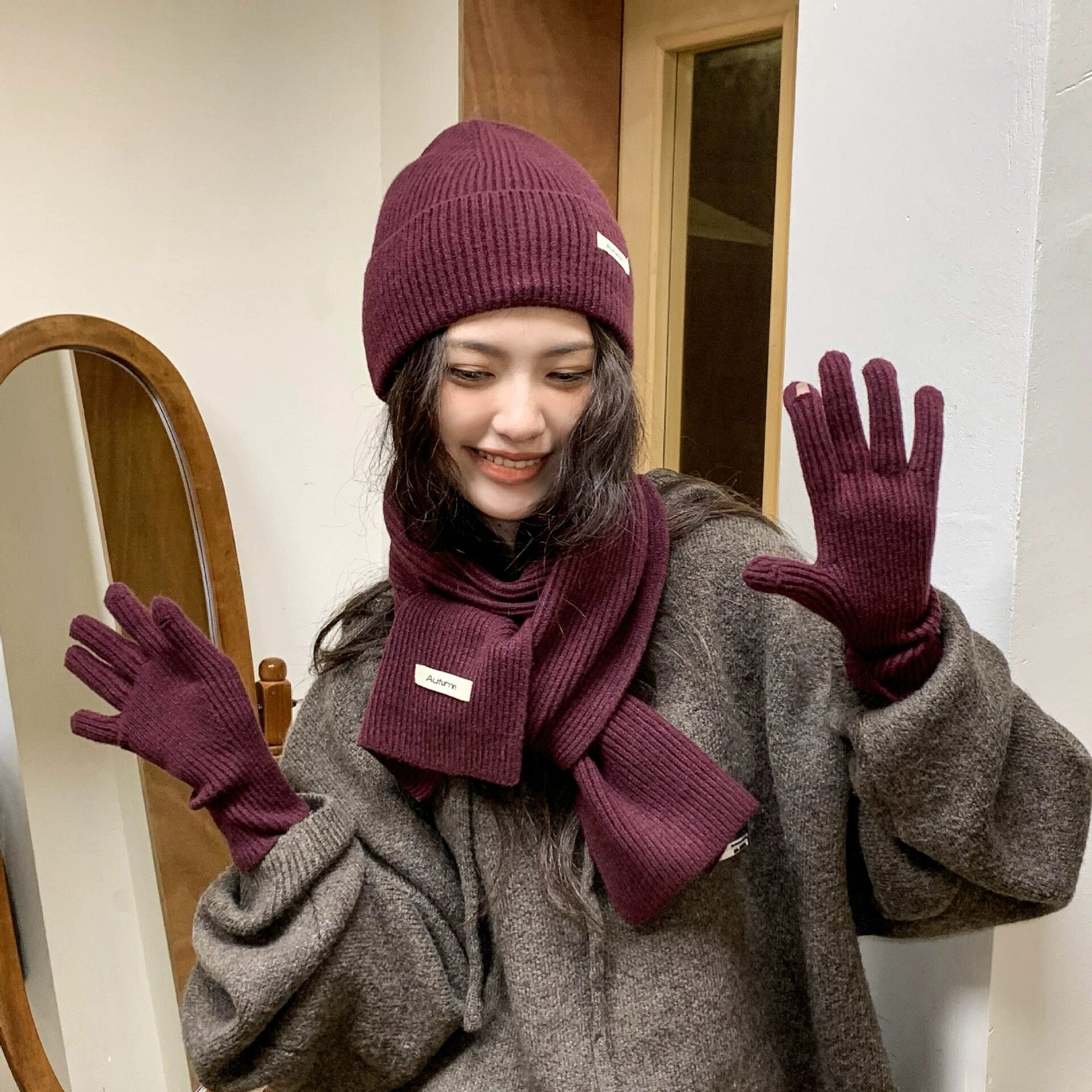 Autumn and Winter All-match New Year Gift New Year Red Wool Hat Scarf Gloves Three-piece Set Women's Warm Scarf Gloves
