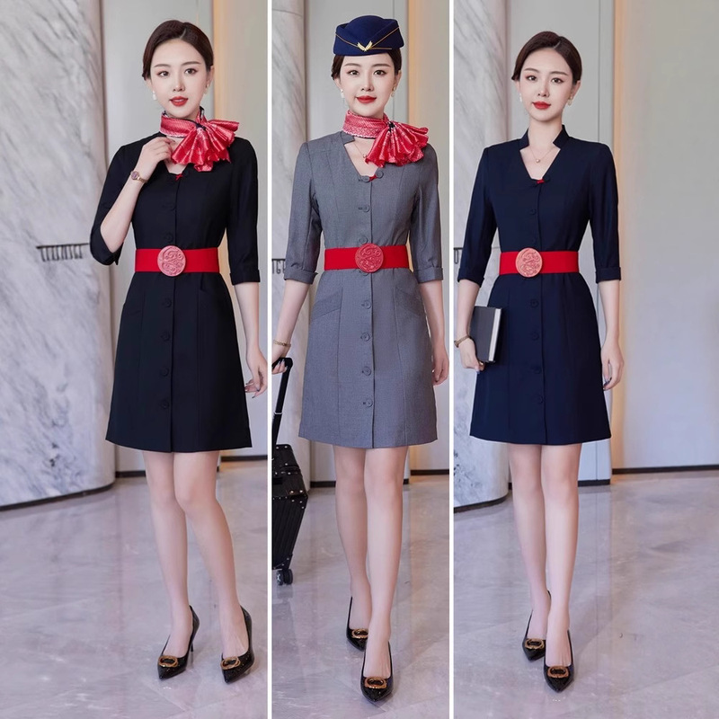 Stewardess Dress Work Uniform Long Sleeve Slim Beauty Salon Jewelry Store Front Desk Tooling Autumn and Winter Elegant Business Wear Stewardess Dress Work Uniform Long Sleeve Slim Beauty Salon Jewelry Store Front Desk Tooling Autumn and Winter Elegant Business Wear