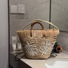 超大容量沙滩包水草编织包绣花白色树叶拉菲草毛毛流苏手提单肩女