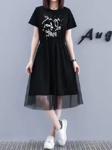 Plus-size summer hip-hiding maxi skirt, slimming, middle-length, mesh lace dress, stylish, youthful, printed top dress for women