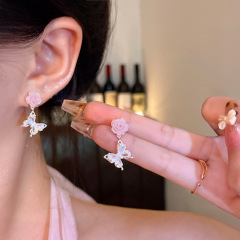 S925银针精致微镶5A级锆石蝴蝶耳环女森系小清新甜美花朵耳钉耳饰