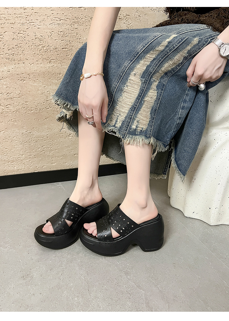 Sandal cao gót nữ hở mũi đế xuồng 10 cm, chất da bò thượng hạng, quai ngang thoáng khí — màu đen, màu trắng ngà chi tiết 8