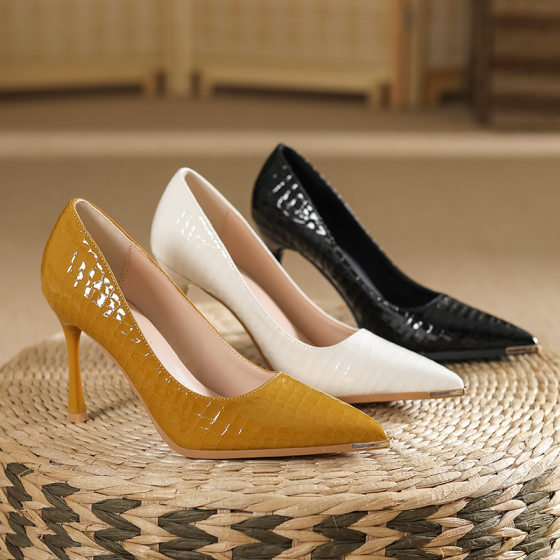 Stone pattern patent leather stiletto heel pointed high heel shoes anti-kick iron head solid color widened plus size plus size 30-44