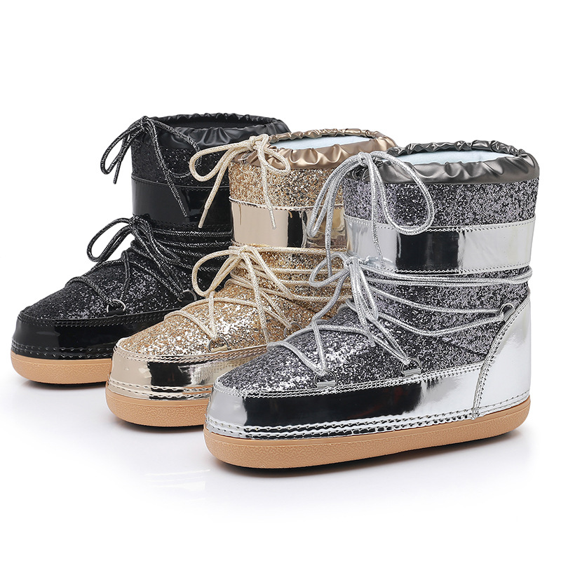 NOKOMETA European And American Winter Space Boots Platform Sequined Bread Short Boots Snow Boots Women's Tide Ski Shoes Straps 2025_voghion.com