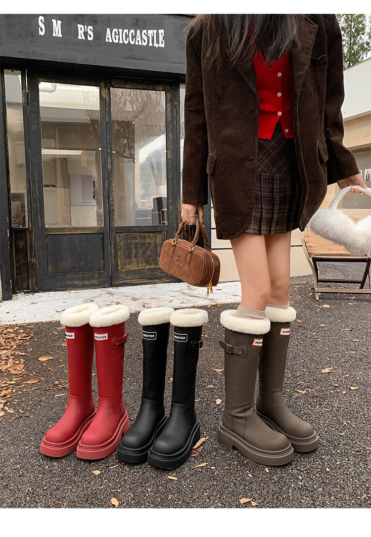 Boot nữ cổ cao ôm bắp chân lót lông cừu ấm áp đế dày da bò — màu đen chi tiết 23