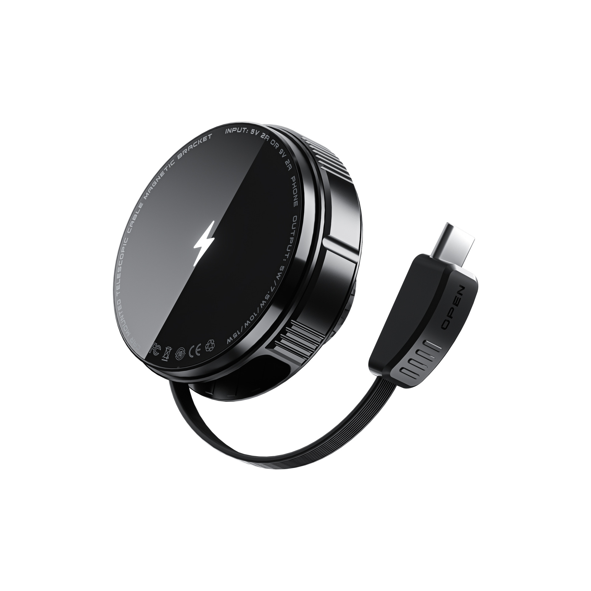 Cargador inalámbrico de atracción caliente 15W certificado soporte de teléfono móvil de carga rápida para automóviles cable retráctil universal negro