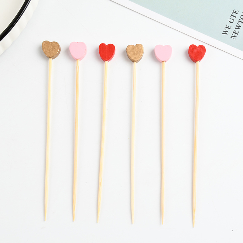 Tenedor de fruta de amor desechable palo de bambú palo de vino de hamburguesas de lujo decoración de pastel de fruta tenedor de palo de bambú creativo al por mayor