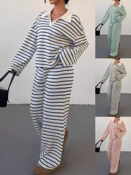 European and American Cross-Border Foreign Trade Women's Clothing Amazon Independent Site New Fashion Striped Color-Blocking Casual Long-Sleeve Long-Pants Set