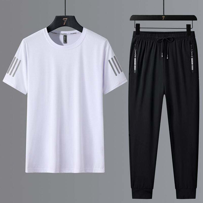 Traje de ocio deportivo de seda de hielo de talla grande para hombre de verano camiseta de cuello redondo pantalones sueltos de manga corta de secado rápido tres piezas
