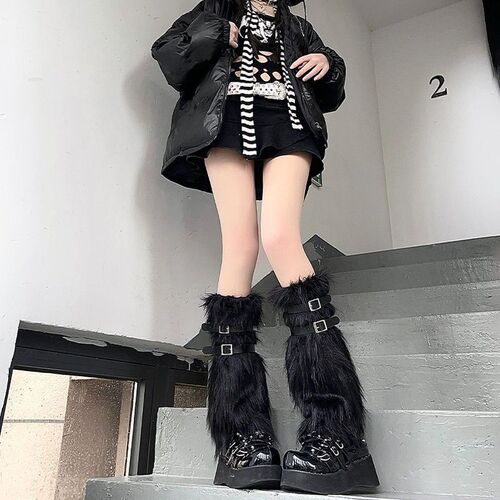 Girls pink leather buckle warm leg sleeves mid-tube jk spicy pile socks y2k calf ring fur socks sleeves imitation fur qq show