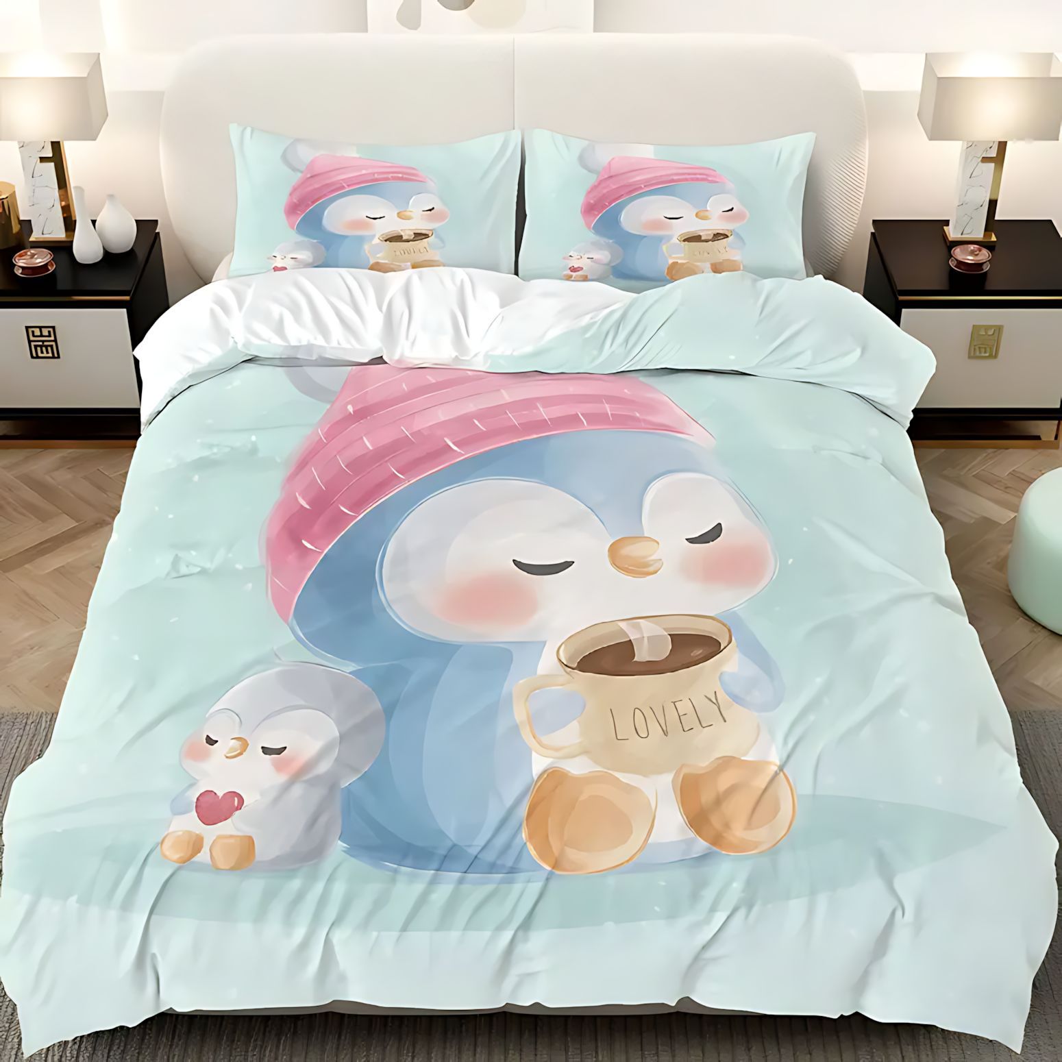 TEMU / JIT cómodos edredón conjunto encantador dibujos animados pingüino impresión digital se puede ajustar