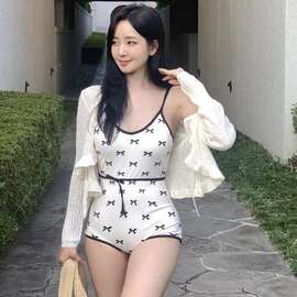 2025韩国新款ins风新款纯欲蝴蝶结简约复古显瘦连体跨境游泳衣女