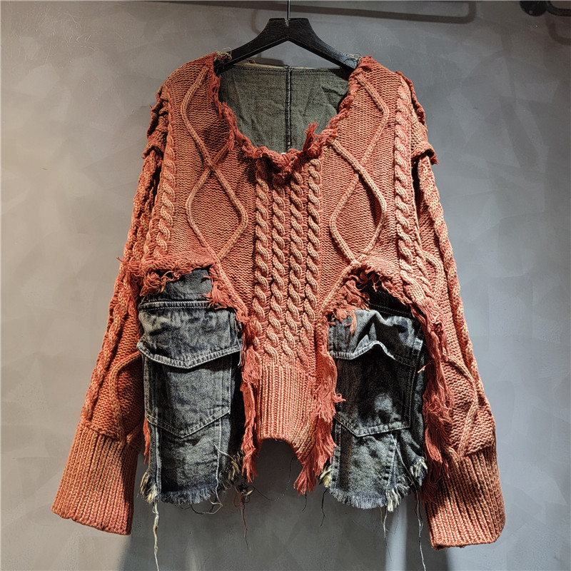 Moda cool estilo estilo extranjero tejido de costura jeans cuello redondo manga larga suéter corto para mujeres otoño / invierno 2025 image 2