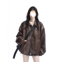 美式街头复古机车服黑色皮衣外套女春秋重磅宽松夹克上衣
