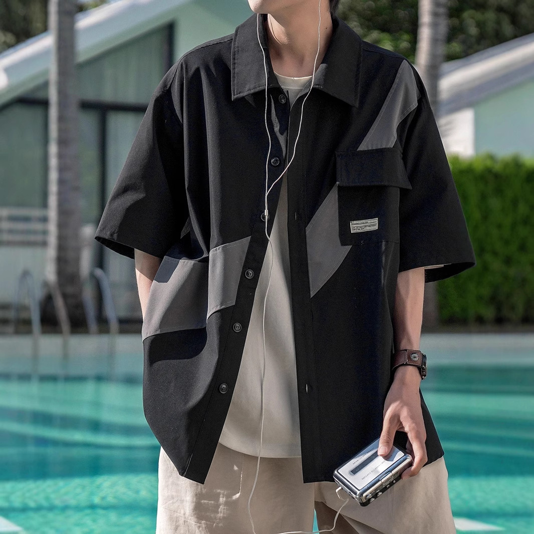 Designed Spliced Short-Sleeved Shirt for Men in Summer Japanese Style Cityboy Loose Casual Lapel Work Shirt Jacket