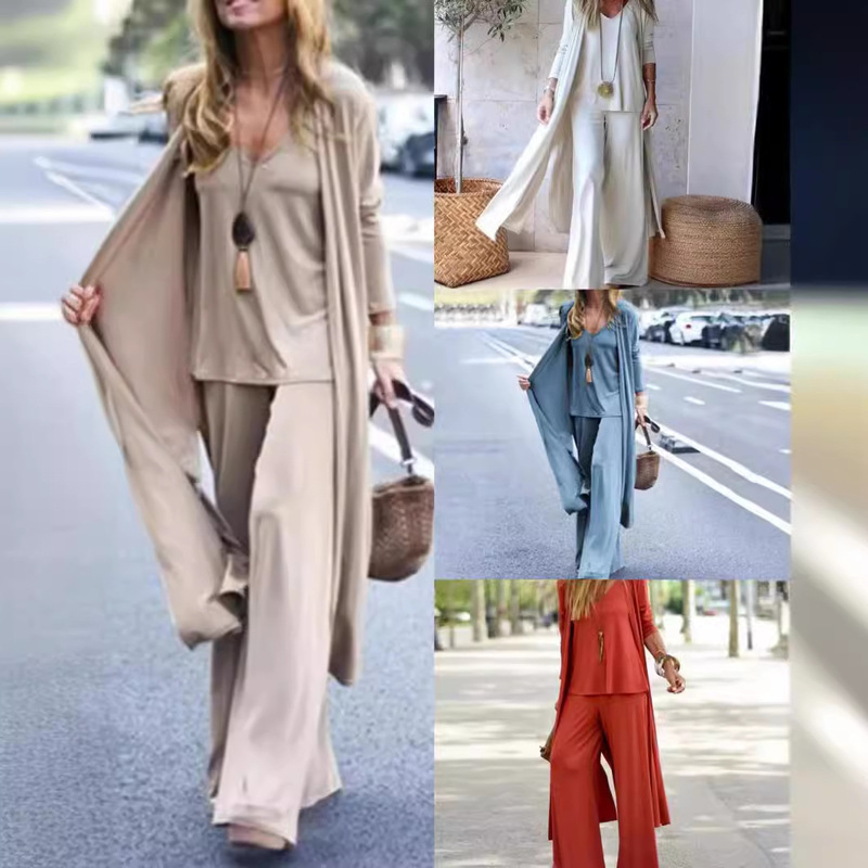 2026 European and American Cross-Border Spring and Autumn Fashion Loose Three-Piece Set: V-Neck Camisole + Straight-Leg Pants + Long Cardigan