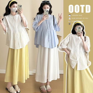 Pregnant women's clothing 2025 spring and summer new cotton and linen small fresh doll shirt drawstring high waist light yellow skirt two-piece set