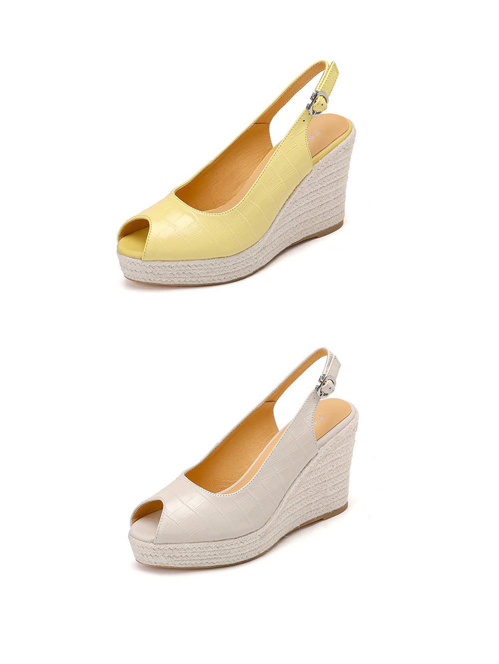Sandal cao gót nữ hở mũi quai ngang đế xuồng đan rơm — màu trắng ngà, màu vàng chi tiết 22