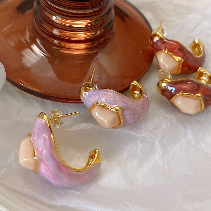 Retro Irregular Copper Enamel Plating Ear Studs 1 Pair