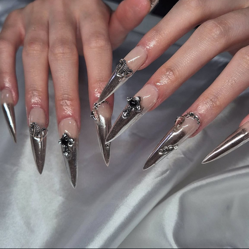 Cross-Border European and American Style Detachable Long Pointed Silver French Metal Snake Rhinestone Nail Pieces with Diamonds Cross-Border European and American Style Detachable Long Pointed Silver French Metal Snake Rhinestone Nail Pieces with Diamonds