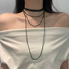 复古绿色水晶串多层项链女小众设计长流苏叠戴锁骨链气质时尚配饰